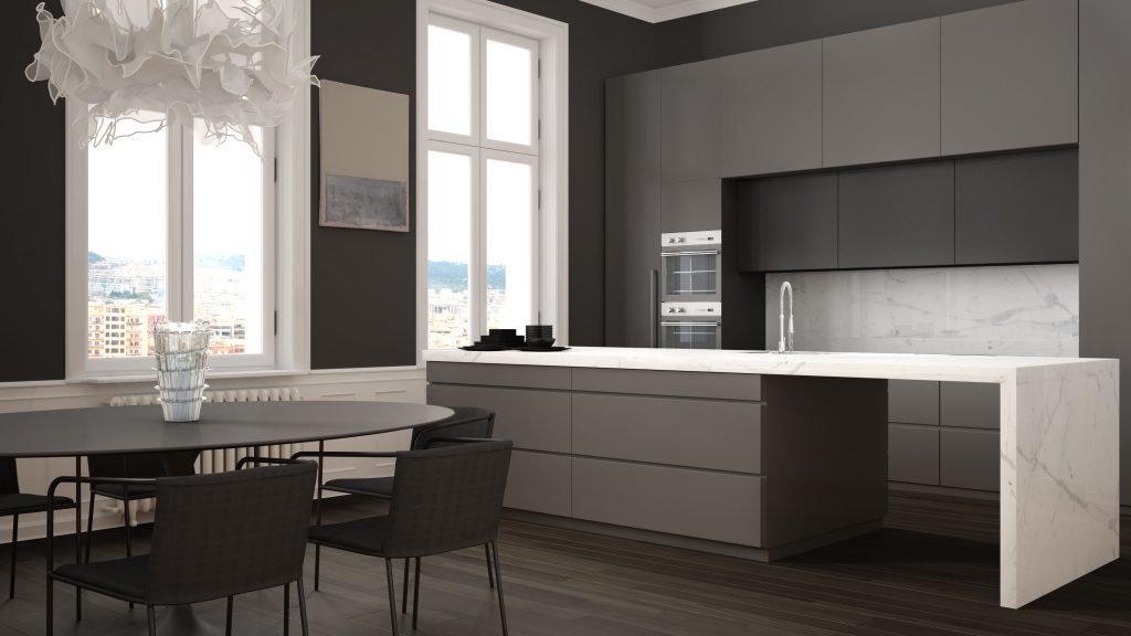 minimalistisch Küche in weiß und schwarz und grau gestaltetem klassischem Raum