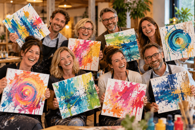 Fröhliche Künstlergruppe mit bunten Gemälden